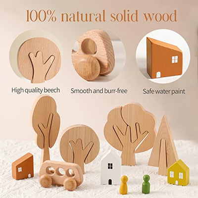10 pieces wooden toys trees and houses set
