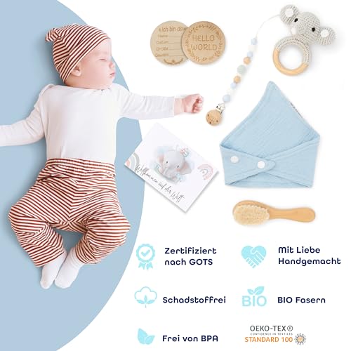 Baby gift boy [6-piece] for newborn | handmade toy, burp cloth, milestone card, rattle, brush | gift for birth, baby shower