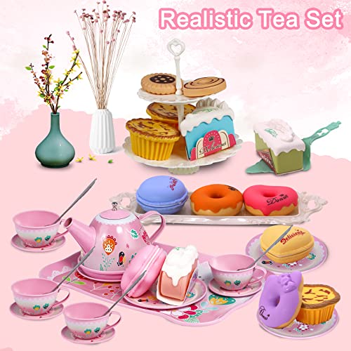 Tea set children's, pewter teapot, dessert toy, cookies, donut, cake, tablecloth and carrying bag