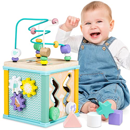 Motor cube wood, motor toys for kids, 5 in 1 activity cube