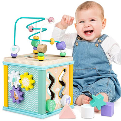 Bois cube moteur, jouets moteurs pour enfants, cube d'activité 5 en 1