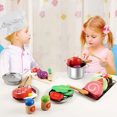 Kids Kitchen Accessories Wood Play Kitchen Kids Toy Simulation Food Toy Stainless Steel Pot Cooking Apron Set Play Kitchen Accessories Cosplay Toy Small