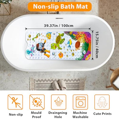 Bath Mat for Kids Cartoon Anti Slip Baby Bath Mat Extra Long Anti Slip with Suction Cups Drain Holes