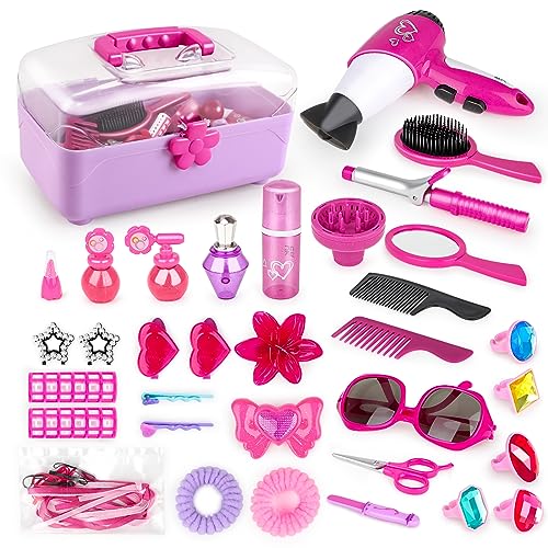 34 Piece Hairdresser and Glamour Vanity Carry Case Play Set Makeup Accessories, Pretend Jewelry, Curling Iron and Toy Hair Dryer Included