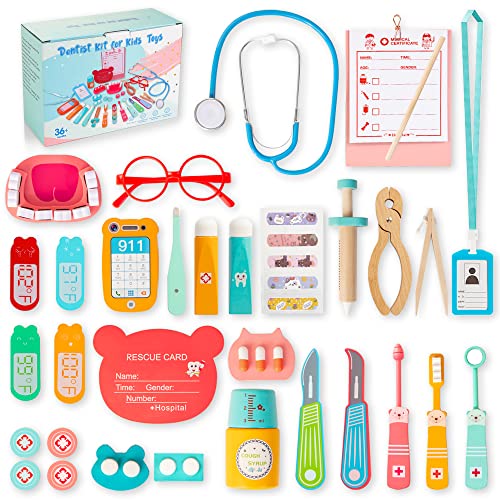 Doctor's Case Wooden Doctor's Case for Children, 41-Piece Dentist Set with Medical Bag for Children's Role Play