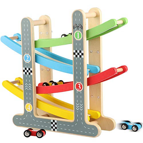 Toy car track set with 4 mini cars race track wooden race track