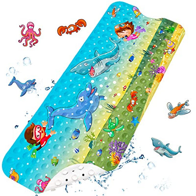 non-slip children's bath mat  non-slip bath mat bathtub BPA Free Extra long bath mat for more child safety, machine washable shower mat with suction cups drain holes