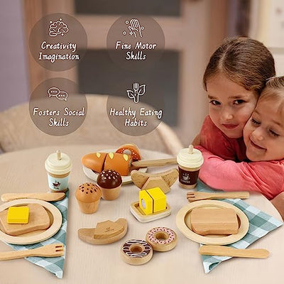 Wooden Bakery Toy Set Wooden Play Food Wooden Breakfast Play Set Kitchen Accessories for Role Playing Cutting Foods