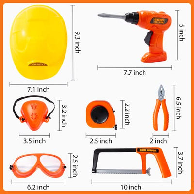 Construction worker costume role play tool toy set, with hard hat, goggles, types of toy tools, for architecture role play, Halloween party, carnival and birthday