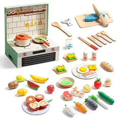 Children's Kitchen Accessories Wooden Play Kitchen Accessories, 78 Pieces Role Play Cooking Toy