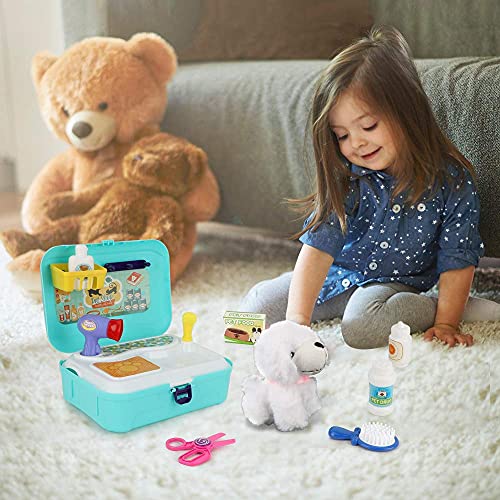 Animal care role play toy 16pcs, veterinarian playset, care feeding puppy dog backpack game, educational toy