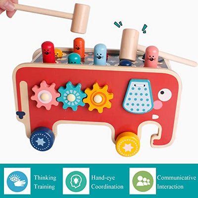 Wooden Knocking Bench with 2 Mallets, Hammer Game from 1 Year, Knocking Bench Batting Elephant Game, Early Children's Education Wooden Toy Gifts for Boys and Girls