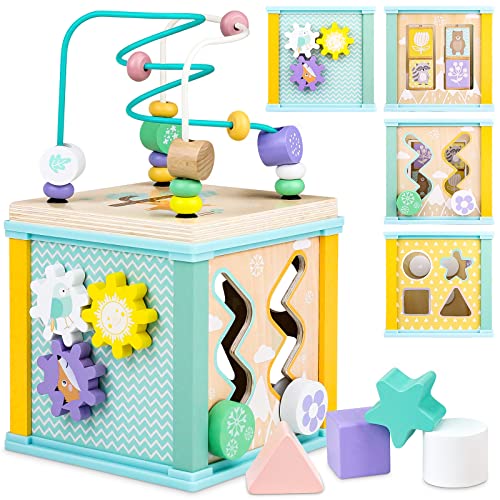 Bois cube moteur, jouets moteurs pour enfants, cube d'activité 5 en 1