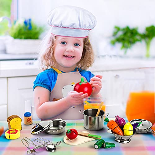 Accessoires de jouets de cuisine, accessoires de cuisine pour enfants en bois, accessoires de cuisine de jeu, jouets alimentaires, ensemble de poêles en acier inoxydable, tablier de poupée, casseroles de cuisine, jeux de rôle 