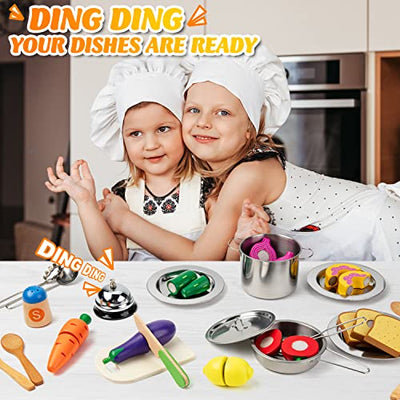 Children's kitchen accessories wood, kitchen toys play kitchen pots pans stainless steel kitchen and costume to dress up, Christmas and holidays role plays