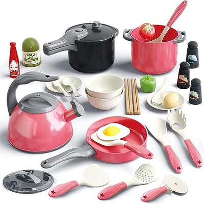 Kitchen Toy Set, Kids Role Play Pretend, Cookware Cooking Utensils Pan Kit, Kitchen Accessories Cooking Pots and Pans (32pcs, Pink)