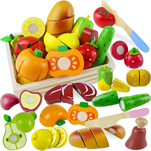 Children's Kitchen Play Kitchen Accessories Wooden Toy Kitchen Toy Cutting Fruit Vegetable Food Wood with Velcro Connection for Children I Educational Toy Role Play