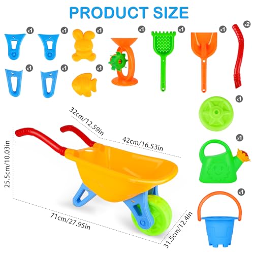 2 in 1 Sand Toy and Garden Set, Kids Wheelbarrow, 7 Pieces, Baby Wheelbarrow Filled and Sandbox Toy for Beach Garden, 2 Year Garden Set and Up