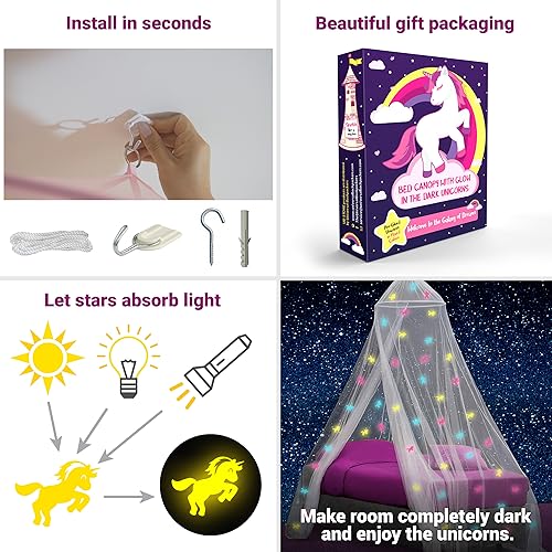 Bed canopy with pre-pasted glowing unicorns - princess mosquito net for girls room decoration - canopy bed curtains for kids and baby bed