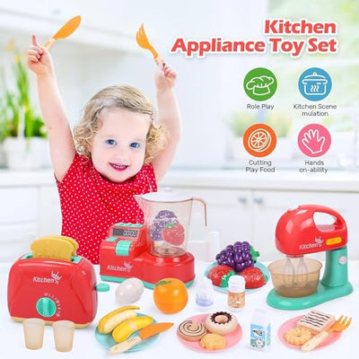 Toy Kitchen Tools Playset, Kids Kitchen Toy Mixer and Mixer with Sound and Light, Play Toaster, Cutting Play Food, Toddler Play Kitchen Accessories Set