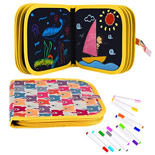 Wipeable coloring book for kids, portable kids coloring book 14 pages reusable drawing board with 12 color pencils - bear