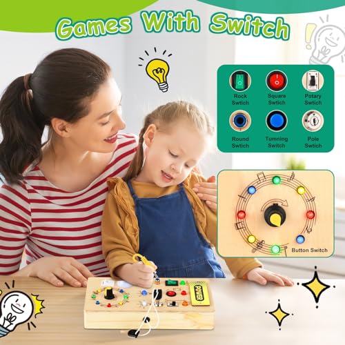 Jouet tableau d'activités, jouet interrupteur pour enfants avec 8 interrupteurs 15 LED, jouet en bois tableau d'activités, tableau d'activités musicales, jouet en bois