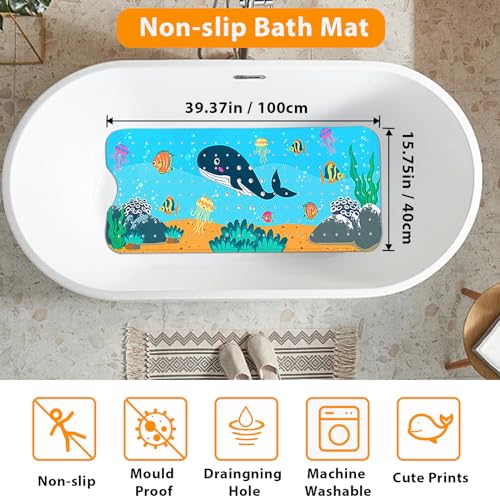 Bath Mat for Tub for Kids Cartoon Anti Slip Baby Bath Mat Extra Long Anti Slip Bathroom Toddler Shower Floor Mat with Suction Cups Drainage Holes
