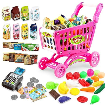 Kids shopping cart playset, Filled with more than 50 plastic food toys