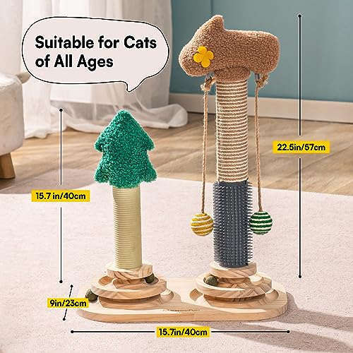 3-in-1 Kitten Toy Wooden Cat Toy - Double Scratching Tree Interactive Cat Toy Roller 2-Ply Turntable, Kitten Toy with Hanging Ball Toy Cat, 40x57cm