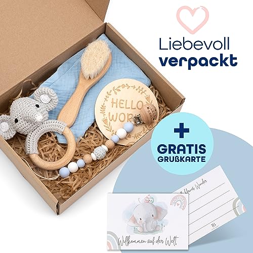 Cadeau bébé garçon [6 pièces] pour nouveau-né | jouet fait à la main, tissu de rot, carte d’étape, hochet, brosse | cadeau de naissance, baby shower 