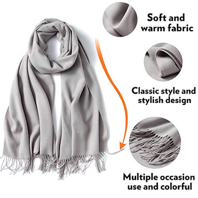 Scarf Warm Winter Autumn Plain Cotton with Tassels/Fringes, 40+ Colors Solid & Plaid Pashmina xl Scarves Silver Grey