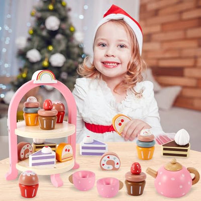 Tea set children with dessert, tea set wooden toys, tea party play kitchen role play, kitchen games