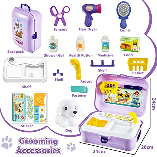 Dogs kids toys, role play backpack dog salon toys kids hairdresser playset, vet kit gift ideas 3 4 5 years toddlers