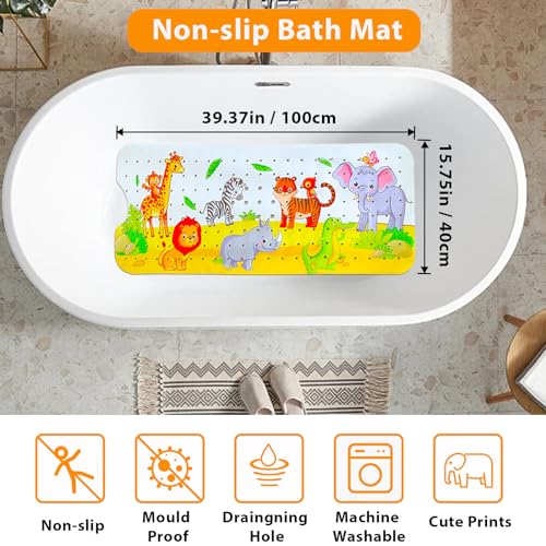 Bath Mat for Tub for Kids Cartoon Anti Slip Baby Bath Mat Extra Long Anti Slip Bathroom Toddler Shower Floor Mat with Suction Cups Drainage Holes