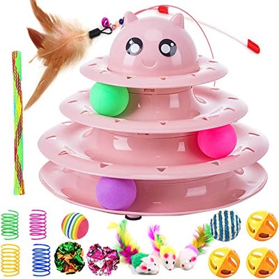 17 Piece Cat Toy Interactive Cat Toy For Indoor Cats 3 Layer Towers Roller Tracks Cat Teaser Toy With Feather