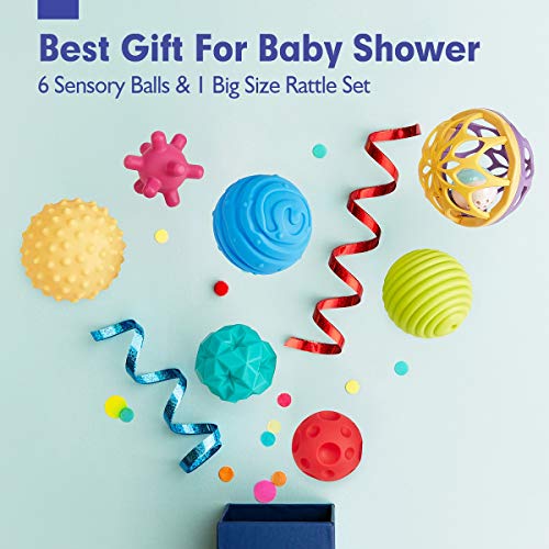 Baby Toy 0 Months - Baby Ball 6 PCS Baby Sensory Toy and 1 PC Rattle Balls, Baby Sensory Ball Toy