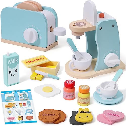 Jouet en bois pour jouer à la machine à café et au grille-pain Accessoires de cuisine pour enfants avec tranches de pain Beurre Lait Sauce Oeuf Jouet éducatif