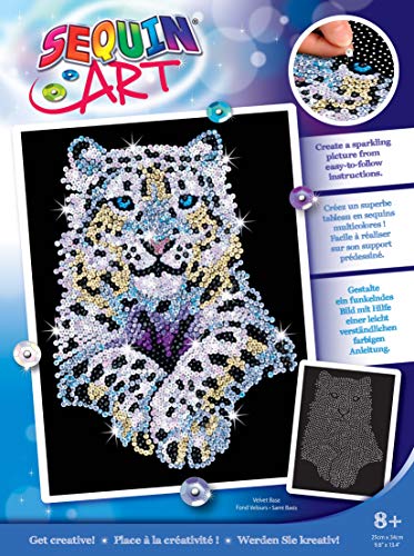 Sequin picture snow leopard, pegboard, craft kit with polystyrene frame, velvety picture template, sequins, pegs, instructions, for children