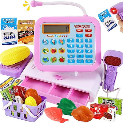 Kids Cash Register Toy, Electronic Cash Register Toy with Rotating Console, Shopping Store Accessories Cash Register with Scanner Microphone Calculator Function