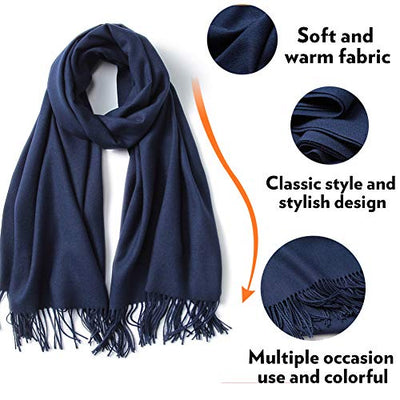 Scarf Warm Winter Autumn Plain Cotton with Tassels/Fringes, 40+ Colors Solid & Plaid Pashmina xl Scarves Navy Blue