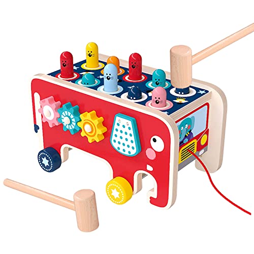 Wooden Knocking Bench with 2 Mallets, Hammer Game from 1 Year, Knocking Bench Batting Elephant Game, Early Children's Education Wooden Toy Gifts for Boys and Girls