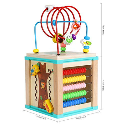 Motor Activity Cube Beads Maze Wooden Toy Activity Cube for Babies Wooden Motor Loop-5 Activities Counting Rollercoaster Beads Maze-Early Learning Toy