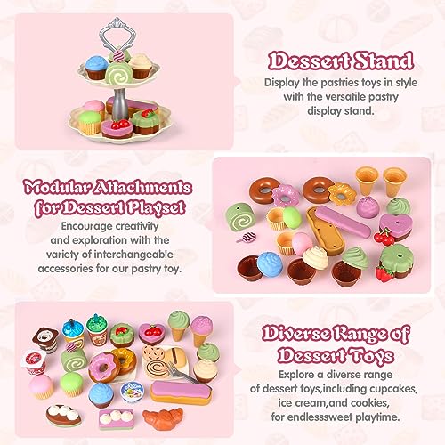 Tea set kids, tea toys with tea set, sound and light teapot, pastry cake cookies, kids kitchen play accessories