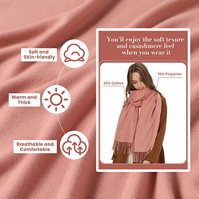 Scarf Warm Autumn Plain Cotton with Tassels/Fringes, 40+ Colors Plain & Plaid Pashmina xl Scarves, Light Pink