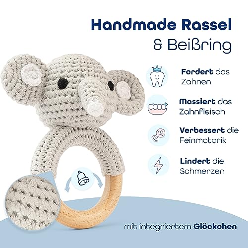 Babygeschenk Junge [6-teilig] für Neugeborene | handgefertigtes Spielzeug, Spucktuch,