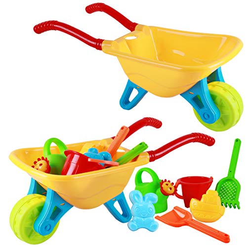 2 in 1 Sand Toy and Garden Set, Kids Wheelbarrow, 7 Pieces, Baby Wheelbarrow Filled and Sandbox Toy for Beach Garden, 2 Year Garden Set and Up