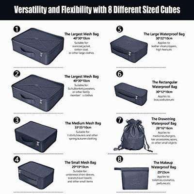 Suitcase Organiser, Clothes Bags for Travel, 8-Piece Set, 7 x Colours, Travel Luggage Organisers Including Waterproof Shoe Storage Bag, Convenient Compression Bags For Travellers, navy