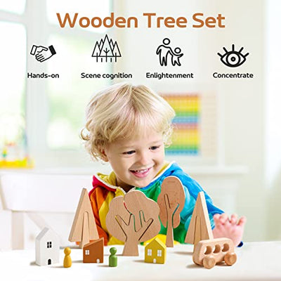 10 pieces wooden toys trees and houses set