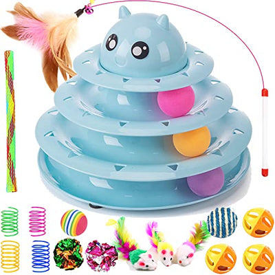 17 Piece Cat Toy Interactive Cat Toy For Indoor Cats 3 Layer Towers Roller Tracks Cat Teaser Toy With Feather