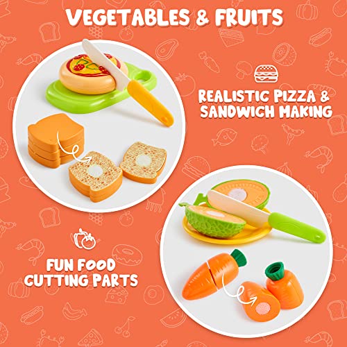 Play food toys for toddlers kitchen, fake food includes plastic fruit &vegetables, storage basket, mini dishes and knife toddler gifts